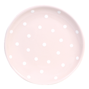 Desszertes tányér, pasztell rózsaszin-fehér pöttyös