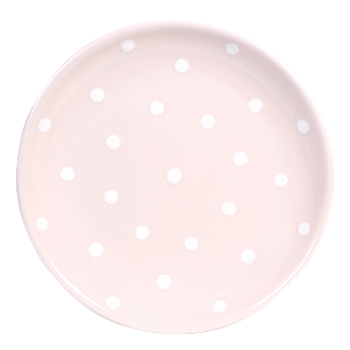 Desszertes tányér, pasztell rózsaszin-fehér pöttyös