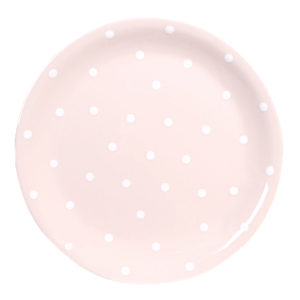 Lapos tányér, pasztell rózsaszín-fehér pöttyös