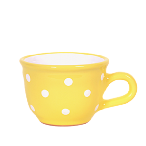 Cappuccino-teás csésze 2,5 dl, pasztell sárga-fehér pöttyös