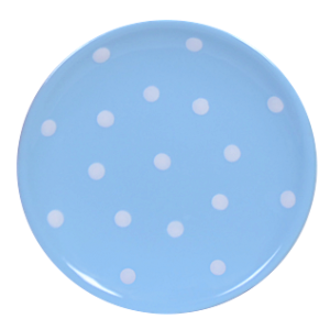 Desszertes tányér, pasztell kék-fehér pöttyös